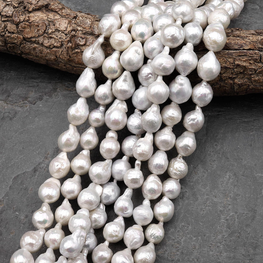 Genuine Natural White Freshwater Ming Fireball Flameball Pearl Baroque Nucleated Pearl 15.5" Strand