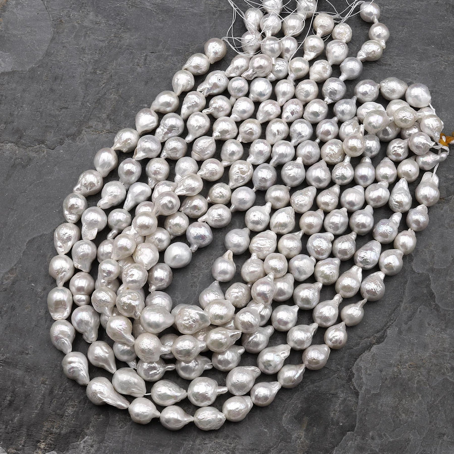 Genuine Natural White Freshwater Ming Fireball Flameball Pearl Baroque Nucleated Pearl 15.5" Strand
