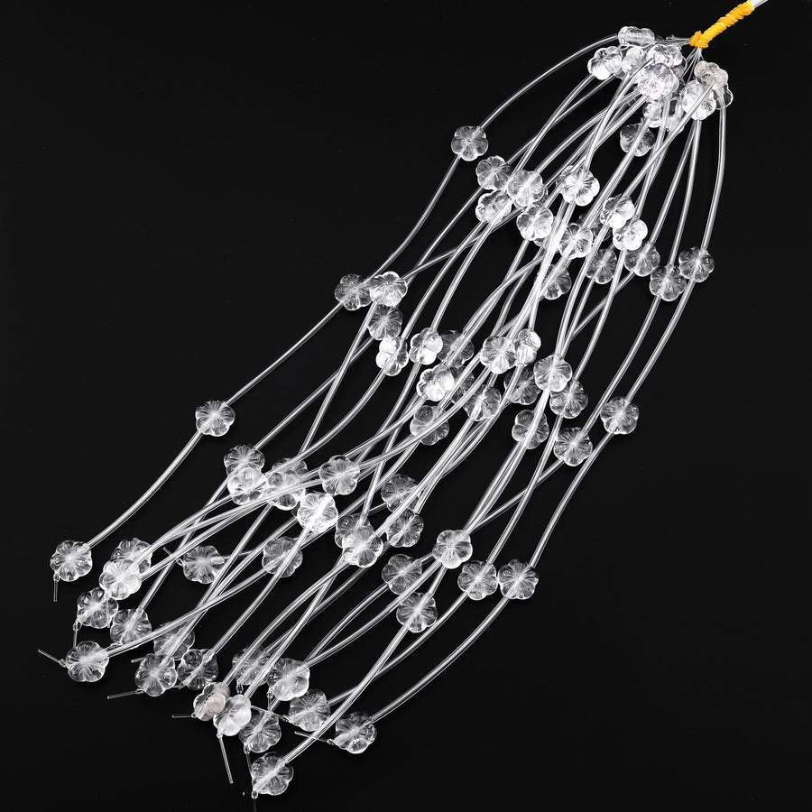 Natural Rock Quartz Crystal Hand Carved Cherry Blossom Flower Gemstone 3D 13mm Beads Strand