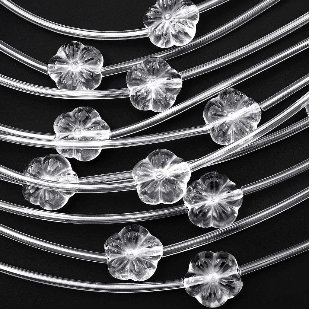 Natural Rock Quartz Crystal Hand Carved Cherry Blossom Flower Gemstone 3D 13mm Beads Strand
