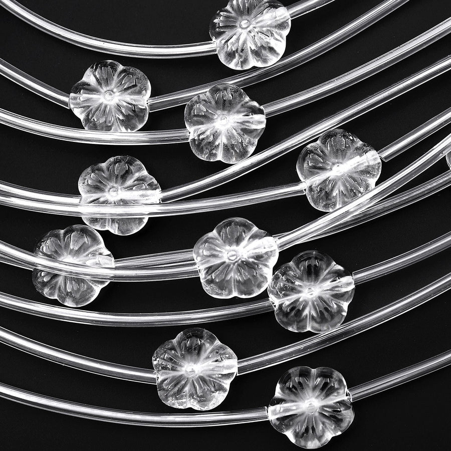 Natural Rock Quartz Crystal Hand Carved Cherry Blossom Flower Gemstone 3D 13mm Beads Strand