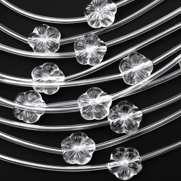 Natural Rock Quartz Crystal Hand Carved Cherry Blossom Flower Gemstone 3D 13mm Beads Strand