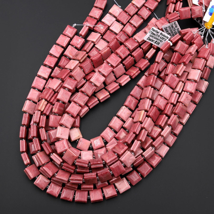 AAA Natural Pink Petrified Rhodonite Smooth Square Beads w/ Grooved Line Around 16" Strand