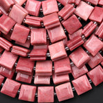 AAA Natural Pink Petrified Rhodonite Smooth Square Beads w/ Grooved Line Around 16" Strand