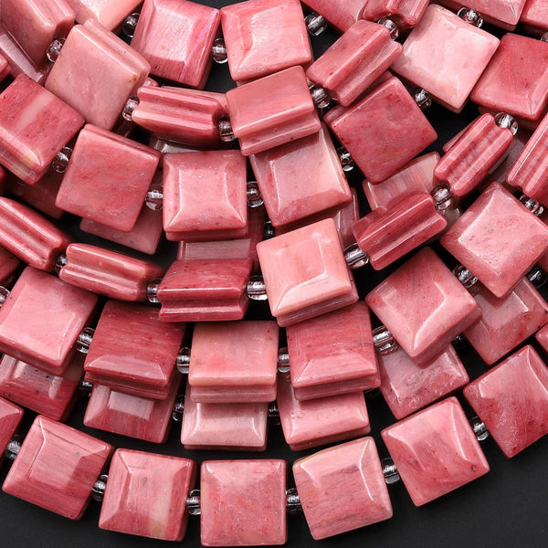 AAA Natural Pink Petrified Rhodonite Smooth Square Beads w/ Grooved Line Around 16" Strand