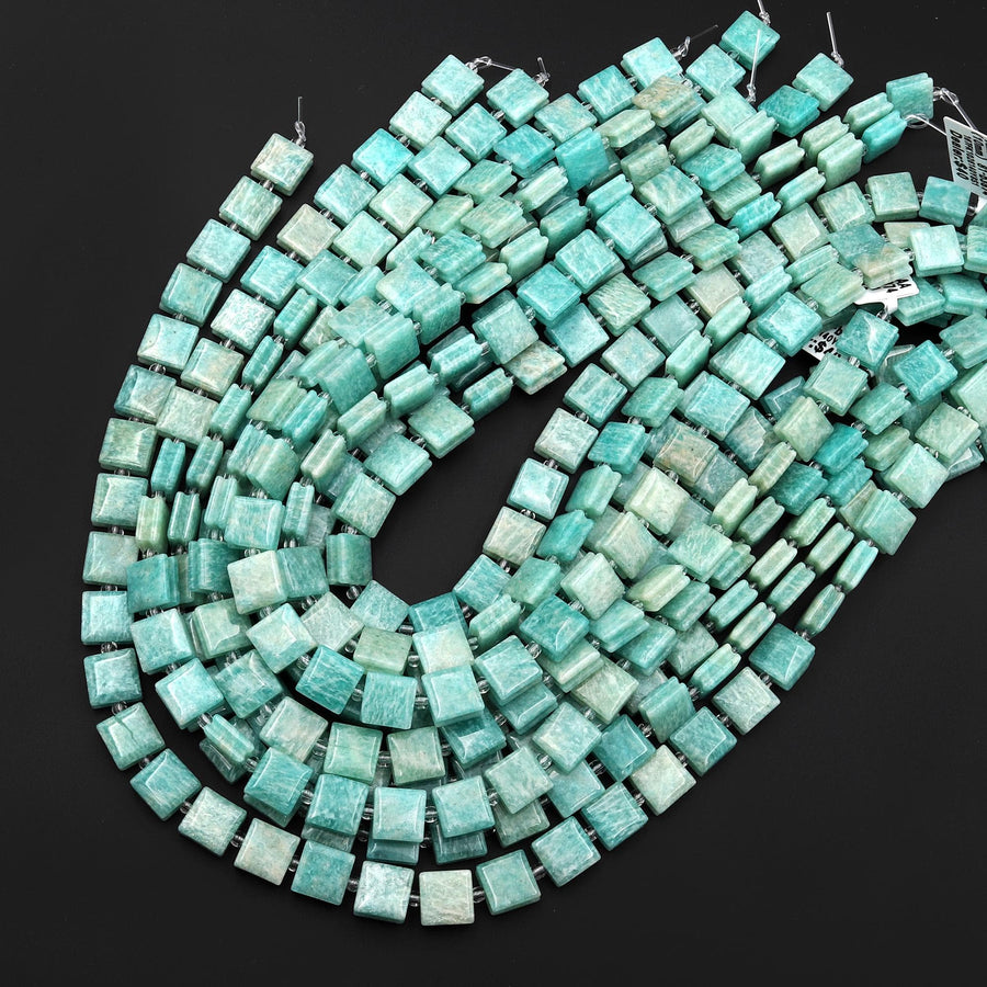 AAA Natural Peruvian Amazonite Smooth Square Beads w/ Grooved Line Around 16" Strand
