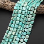AAA Natural Peruvian Amazonite Smooth Square Beads w/ Grooved Line Around 16" Strand