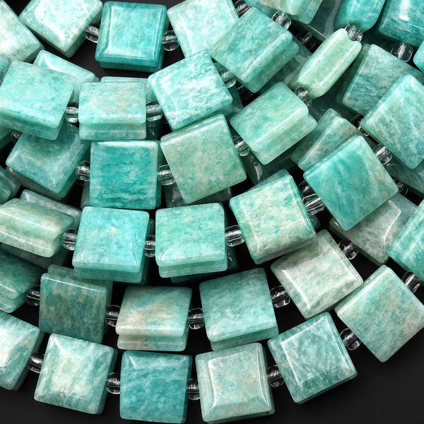 AAA Natural Peruvian Amazonite Smooth Square Beads w/ Grooved Line Around 16" Strand