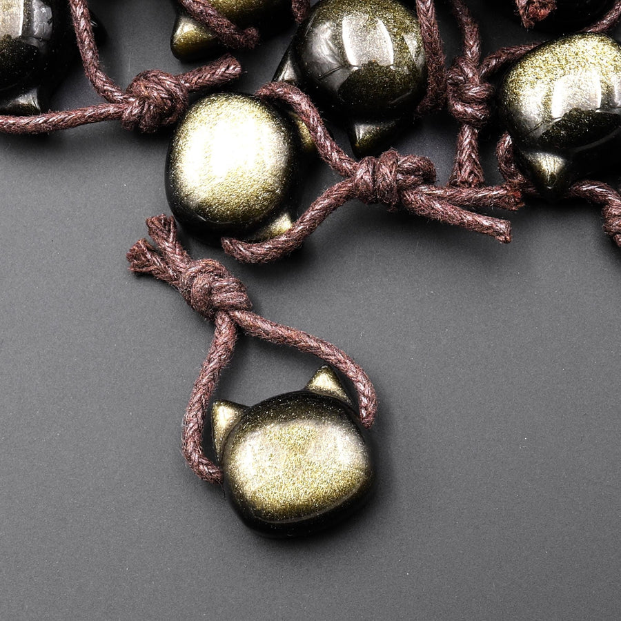 AAA Carved Natural Golden Obsidian Kitty Cat Face Pendant Gemstone Side Drilled Focal Bead