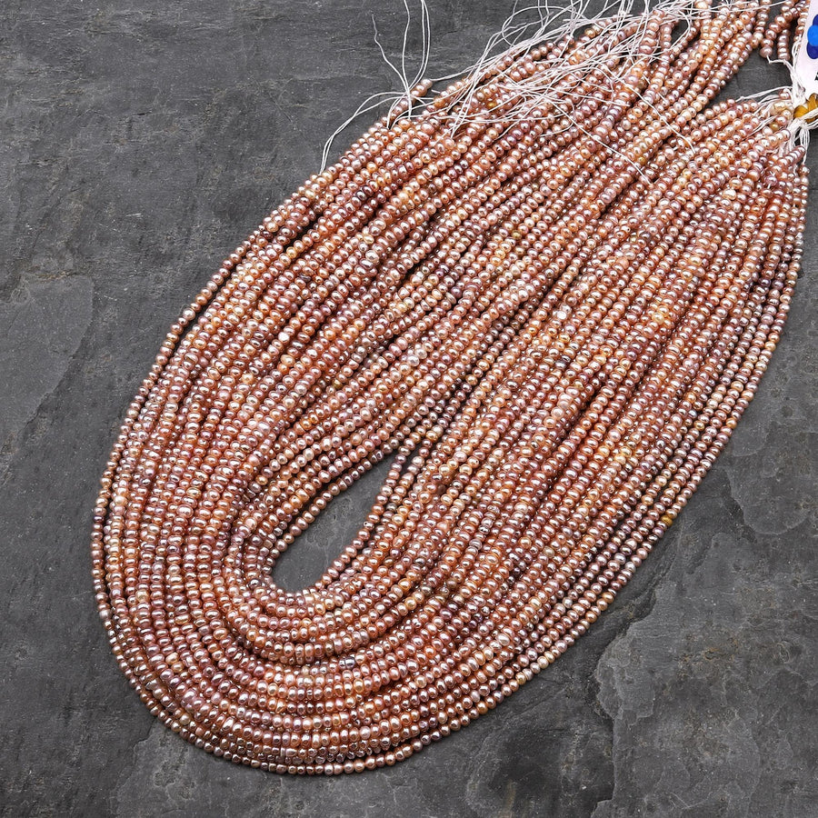 Small Iridescent Natural Pink Peach Freshwater Pearl Rondelle 3mm 15.5" Strand