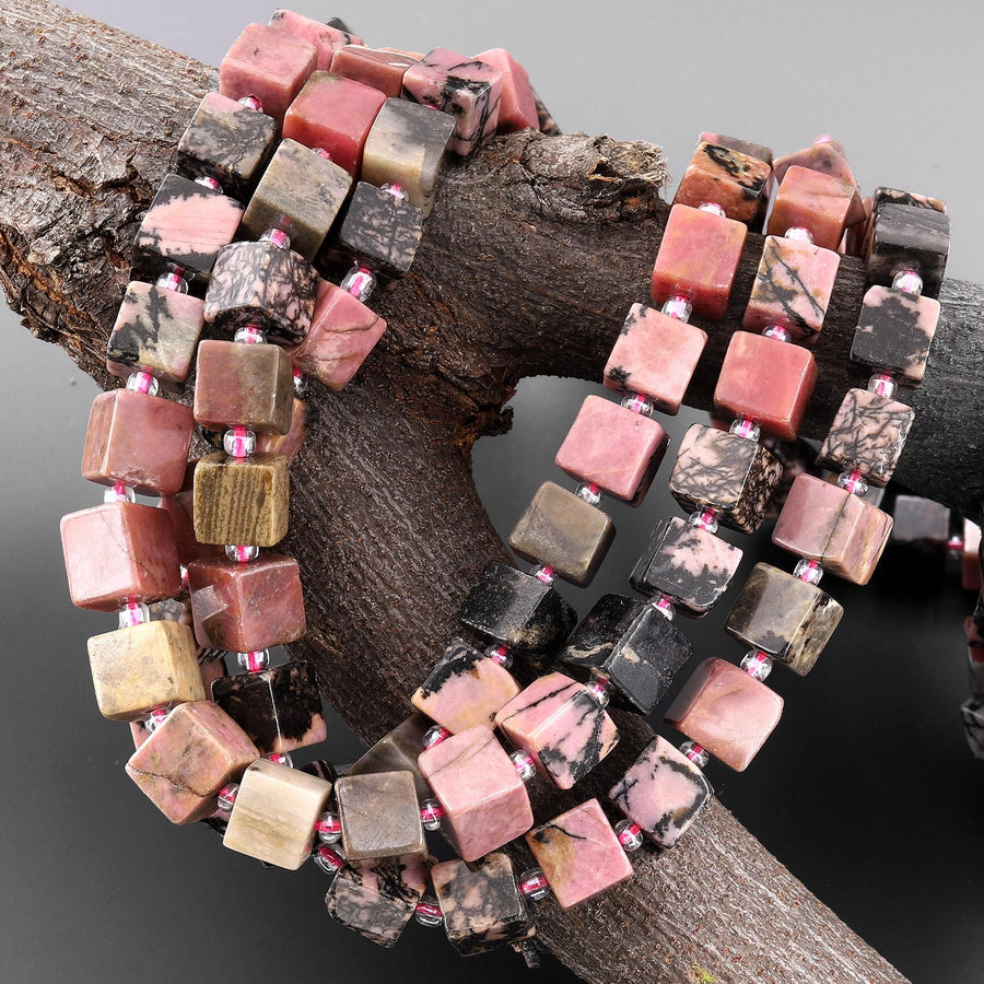Natural Rhodonite 8mm Smooth Cube Dice Gemstone Beads 15.5" Strand
