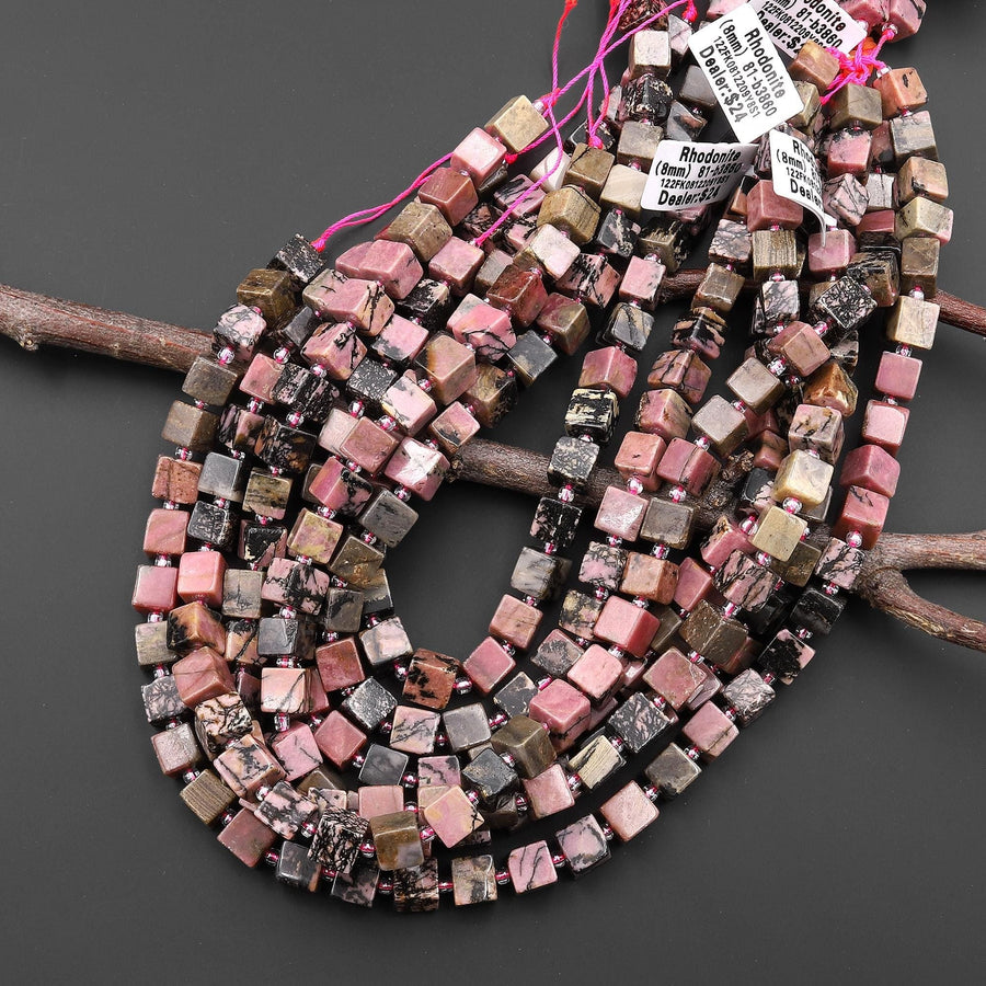 Natural Rhodonite 8mm Smooth Cube Dice Gemstone Beads 15.5" Strand