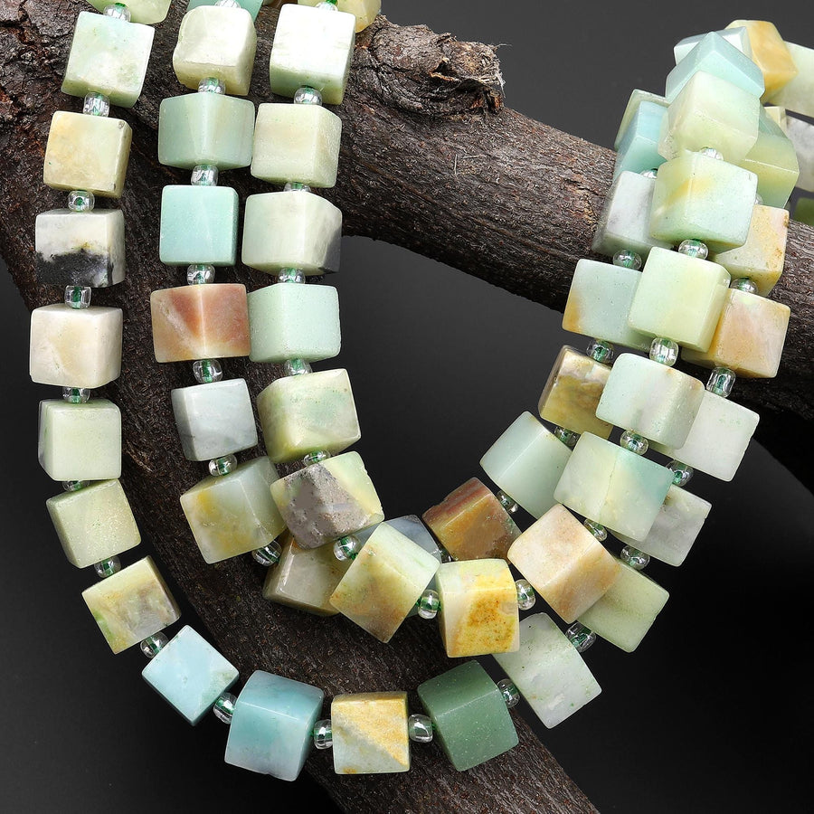 Natural Multicolor Blue Green Yellow Amazonite 8mm Smooth Cube Dice Gemstone Beads 15.5" Strand