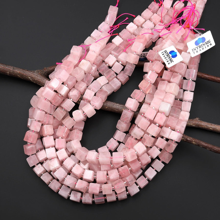 Natural Pink Rose Quartz 8mm Smooth Cube Dice Beads 15.5" Strand