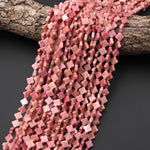 4 Four Leaf Clover Beads Natural Pink Petrified Rhodonite 7mm 10mm Hand Carved Flower Gemstone 15.5" Strand