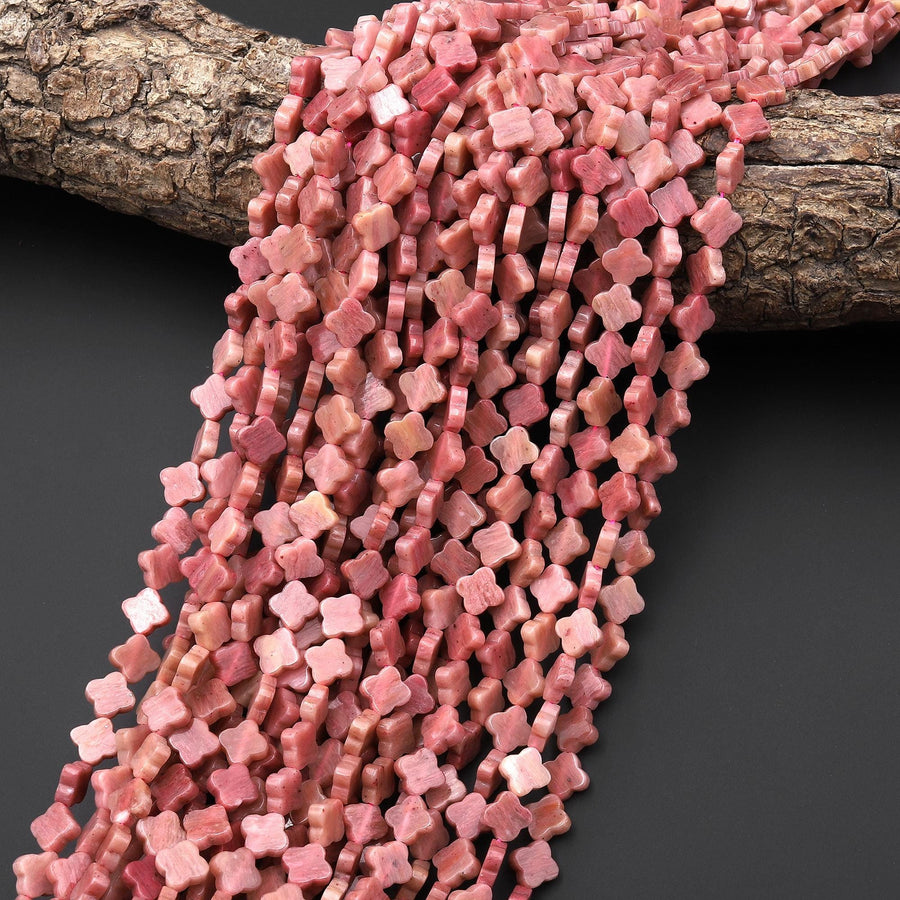 4 Four Leaf Clover Beads Natural Pink Petrified Rhodonite 7mm 10mm Hand Carved Flower Gemstone 15.5" Strand