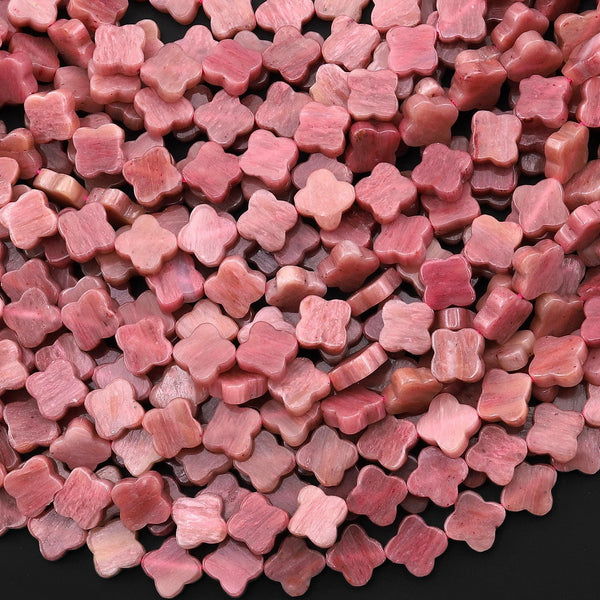 4 Four Leaf Clover Beads Natural Pink Petrified Rhodonite 7mm 10mm Hand Carved Flower Gemstone 15.5" Strand