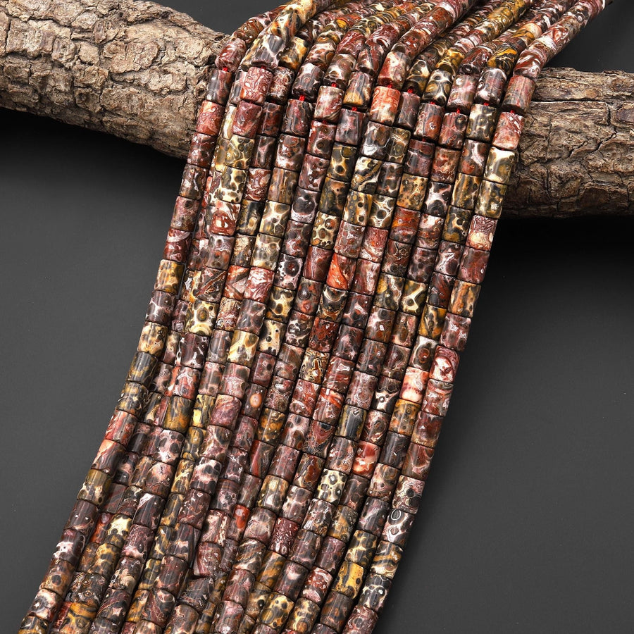 Natural Leopard Skin Jasper 6x8mm Smooth Tube Cylinder Beads 15.5" Strand