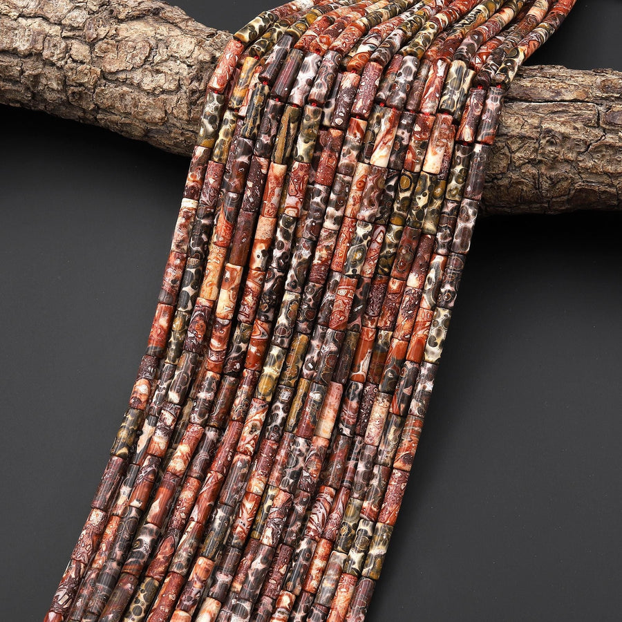 Natural Leopard Skin Jasper 4x13mm Smooth Thin Long Tube Beads 15.5" Strand