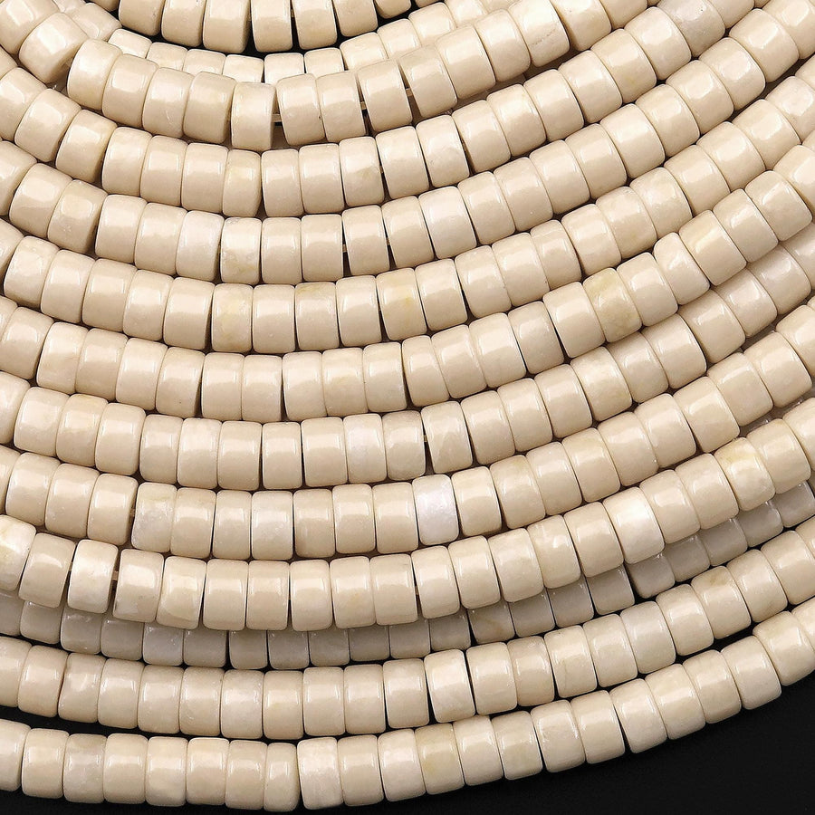 Natural Ivory Fossil Jasper River Stone Rondelle Heishi 4mm 6mm Polished Tan Beige Cream Beads 15.5" Strand