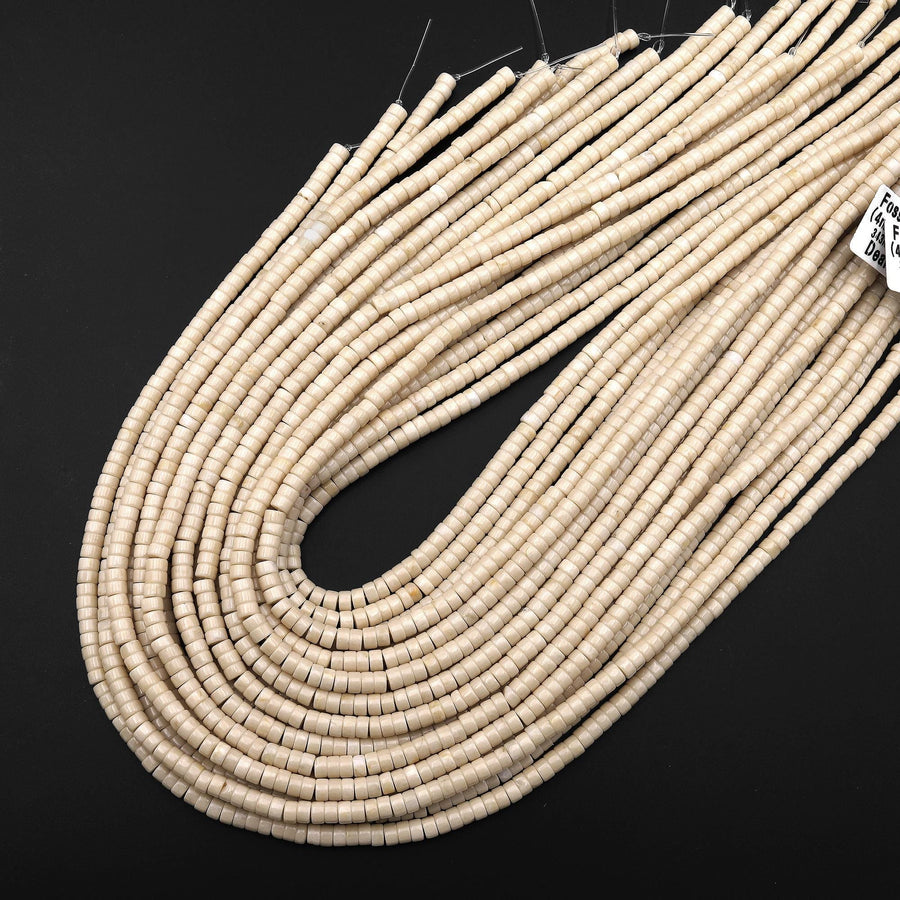 Natural Ivory Fossil Jasper River Stone Rondelle Heishi 4mm 6mm Polished Tan Beige Cream Beads 15.5" Strand