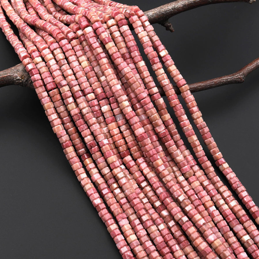 AAA Faceted Natural Pink Petrified Rhodonite Beads 6mm hexagon Heishi Rondelle 15.5" Strand