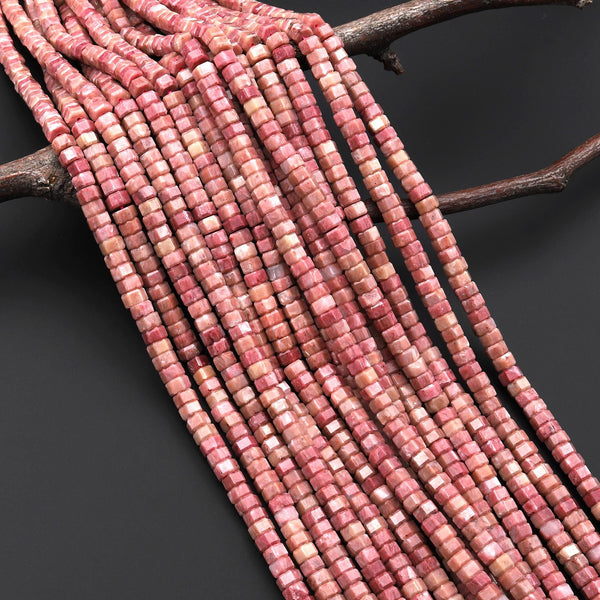 AAA Faceted Natural Pink Petrified Rhodonite Beads 6mm hexagon Heishi Rondelle 15.5" Strand