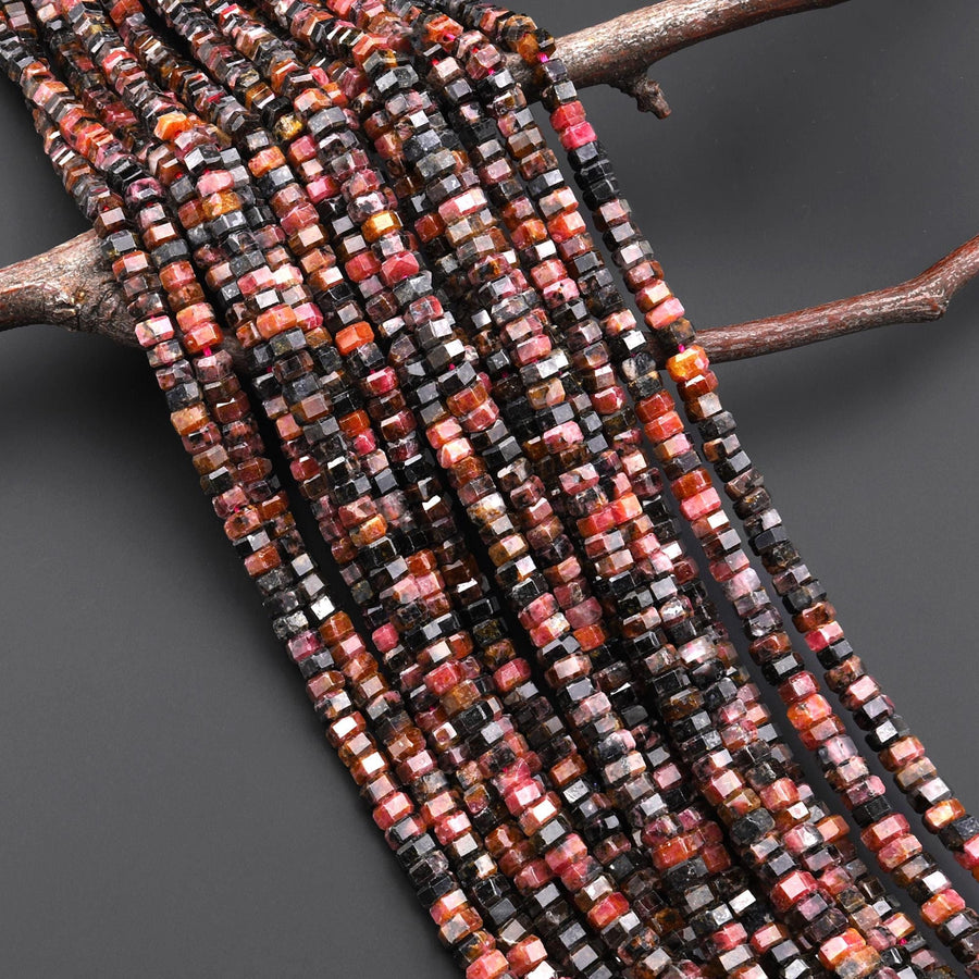 AAA Faceted Natural Orange Red Rhodonite Beads 6mm hexagon Heishi Rondelle 15.5" Strand