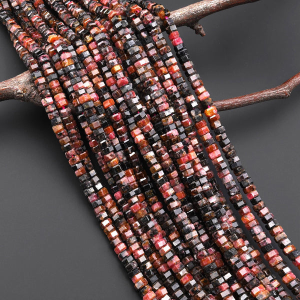 AAA Faceted Natural Orange Red Rhodonite Beads 6mm hexagon Heishi Rondelle 15.5" Strand