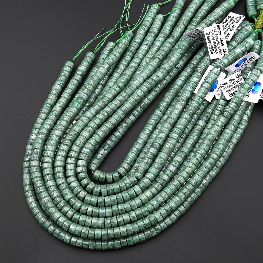 AAA Natural Burmese Jade Smooth Heishi Rondelle 7mm 8mm Gemstone 15.5" Strand
