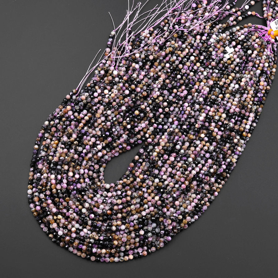 Faceted Real Natural Russian Purple Charoite Black Aegirine Matrix 3mm Round Beads Gemstone 15.5" Strand