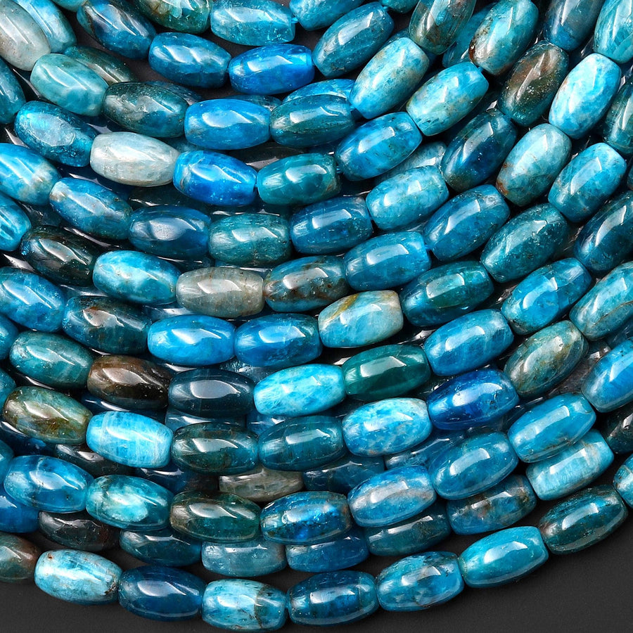Natural Teal Blue Apatite Smooth Drum Barrel Rice Beads 5x9mm 15.5" Strand