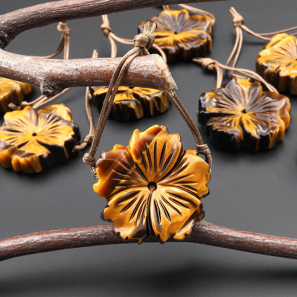 AAA Hand Carved Natural Golden Tiger's Eye Flower Pendant Drilled Gemstone Focal Bead A1
