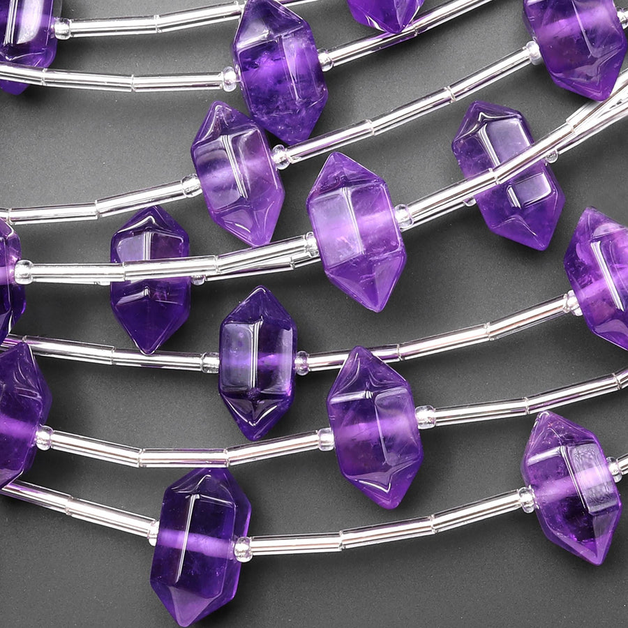 AAA Hand Cut Natural Purple Amethyst 16mm 18mm Beads Faceted Double Terminated Points Center Drilled Healing Gemstone 8" Strand