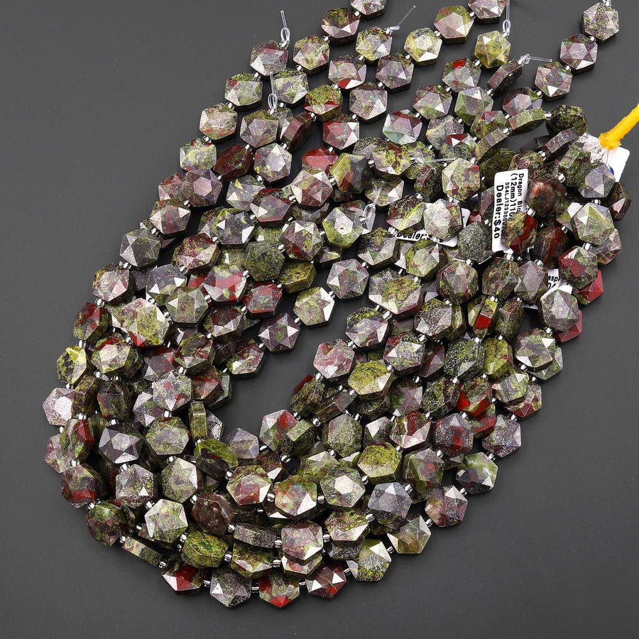 AAA Faceted Natural Dragon Blood Jasper Geometric Hexagon Coin 12mm Gemstone 15.5" Strand