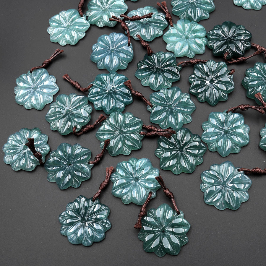 Hand Carved Natural Blue Green Guatemalan Jade Flower Drilled Gemstone Pendant
