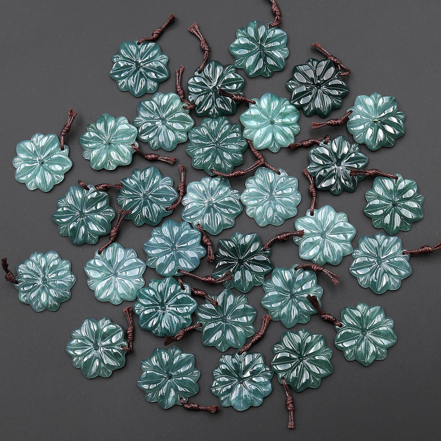 Hand Carved Natural Blue Green Guatemalan Jade Flower Drilled Gemstone Pendant