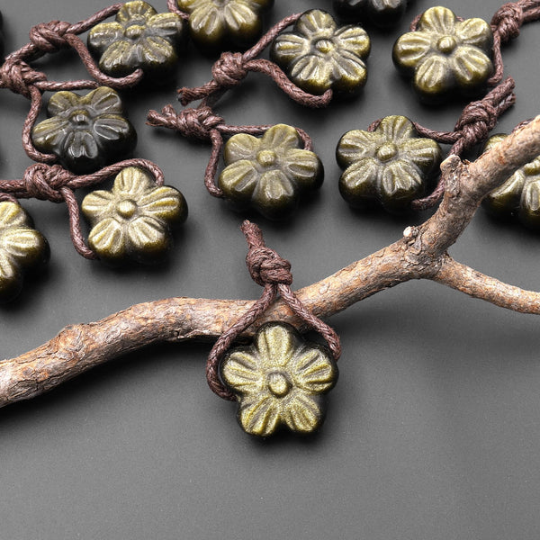 AAA Hand Carved Natural Golden Obsidian Cherry Blossom Flower Pendant Side Drilled Gemstone Focal Bead
