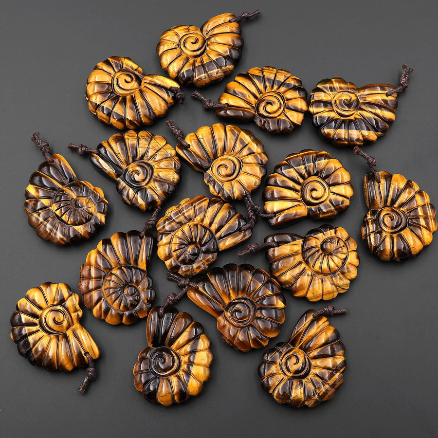 AAA Hand Carved Natural Golden Tiger's Eye Tiger Ammonite Pendant Gemstone Focal Bead
