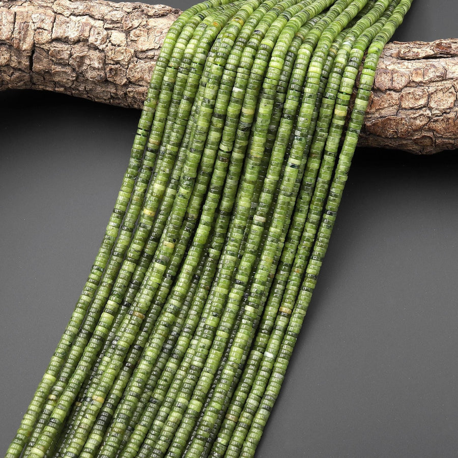 Natural Russian Serpentine Green Jade 4mm Smooth Thin Heishi Rondelle Beads 15.5" Strand
