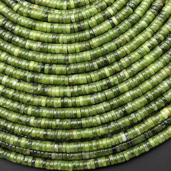 Natural Russian Serpentine Green Jade 4mm Smooth Thin Heishi Rondelle Beads 15.5" Strand