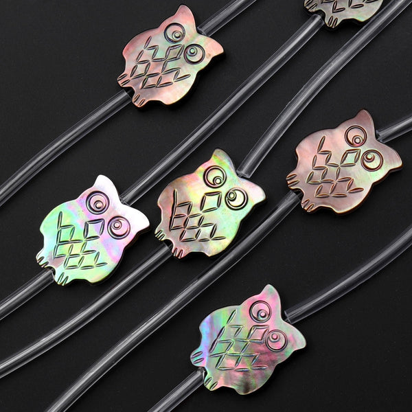 AAA Iridescent Carved Natural Black Mother of Pearl Owl Beads Strand