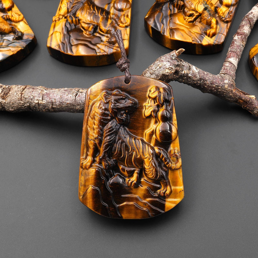 AAA Hand Carved Natural Tiger's Eye Roaring Tiger Pendant Gemstone Focal Bead