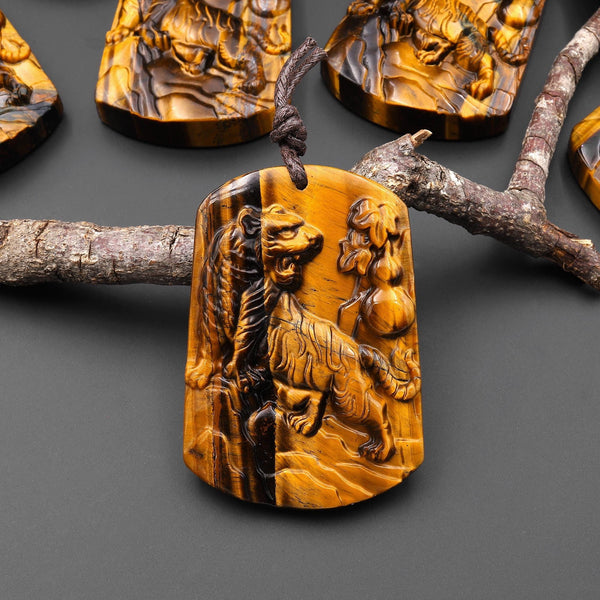 AAA Hand Carved Natural Tiger's Eye Roaring Tiger Pendant Gemstone Focal Bead
