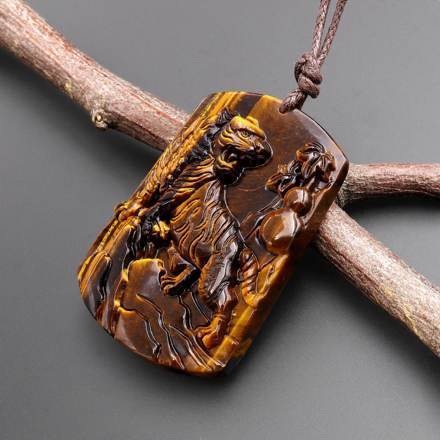 AAA Hand Carved Natural Tiger's Eye Roaring Tiger Pendant Gemstone Focal Bead A1