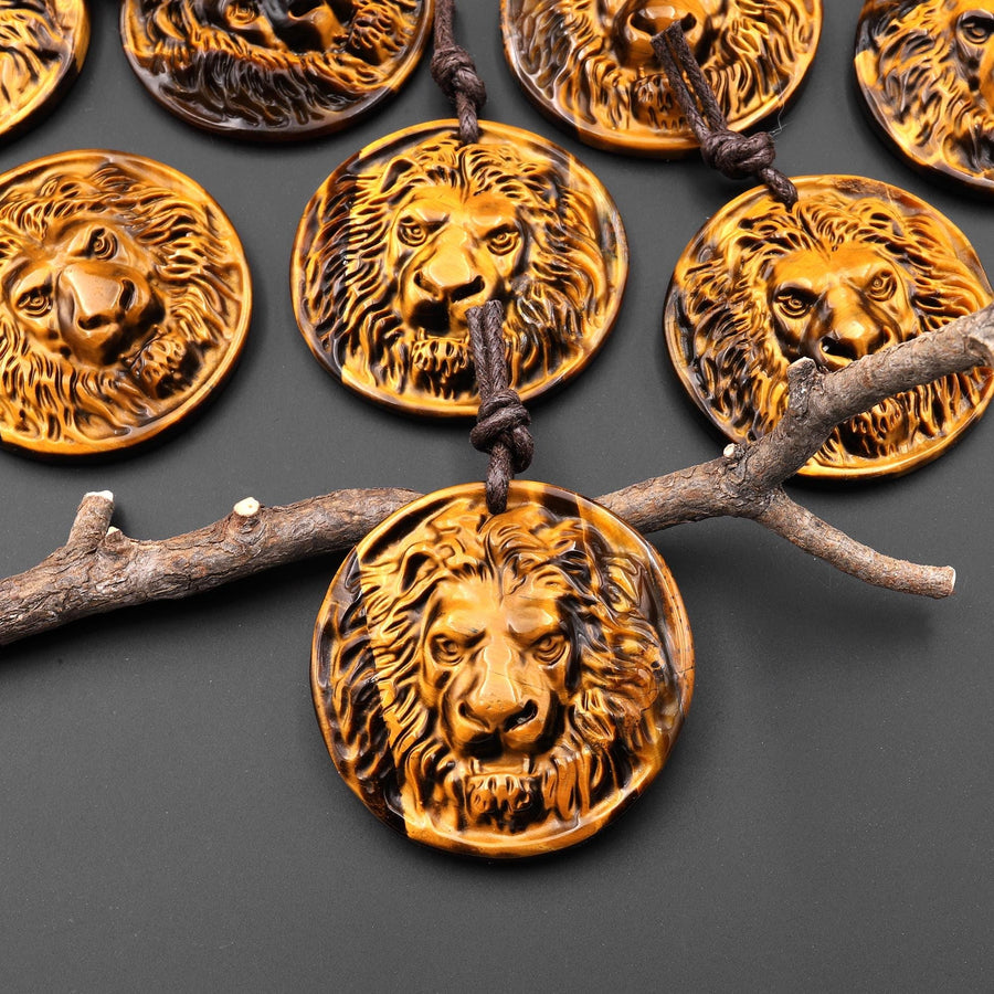 AAA Hand Carved Natural Tiger's Eye Lion Head Medallion Amulet Pendant Gemstone Focal Bead