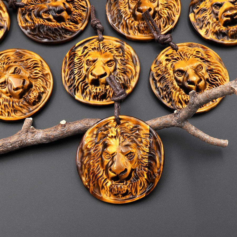 AAA Hand Carved Natural Tiger's Eye Lion Head Medallion Amulet Pendant Gemstone Focal Bead A1