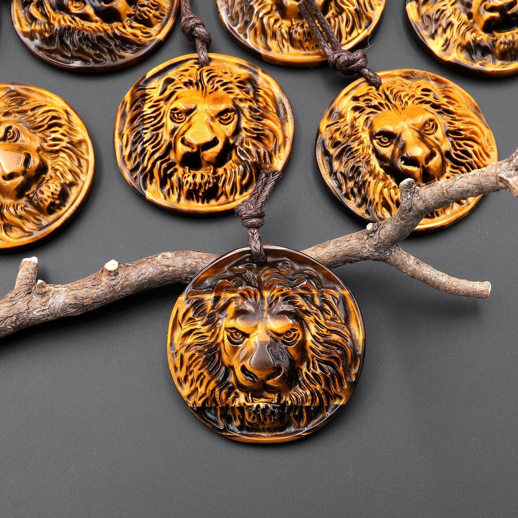 AAA Hand Carved Natural Tiger's Eye Lion Head Medallion Amulet Pendant Gemstone Focal Bead A2