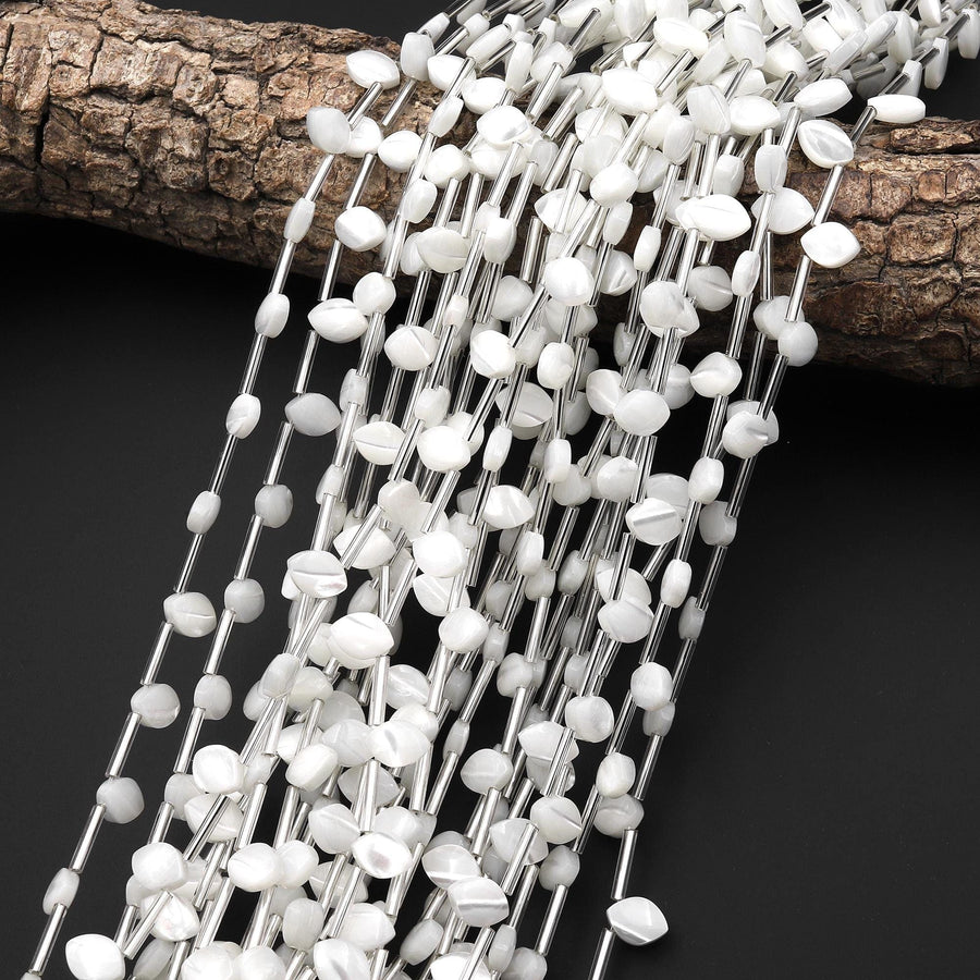 AAA Iridescent Natural White Mother of Pearl Top Side Drilled Beads Teardrop Leaf Shape 15.5" Strand