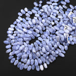 Hand Cut Natural Blue Lace Agate Freeform Oval Drop Beads Top Side Drilled Gemstone 15.5" Strand